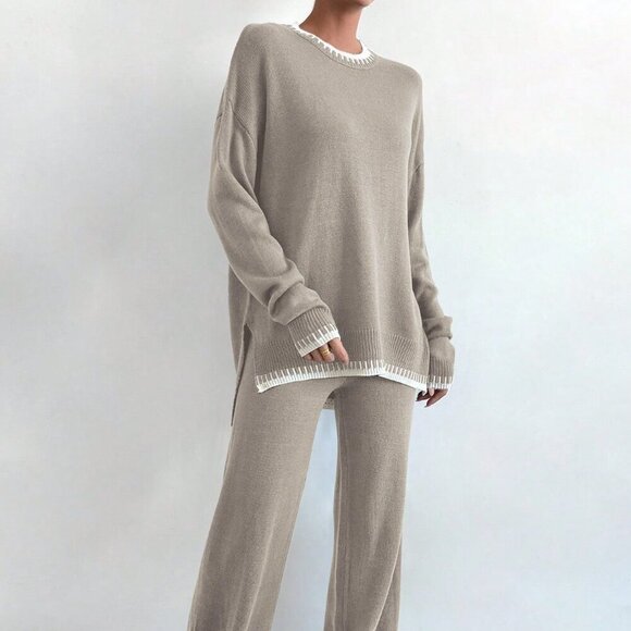 Multicolor Casual Women's Contrast Color Long Sleeve Sweater & Knitted Pants Set - Picture 4 of 6